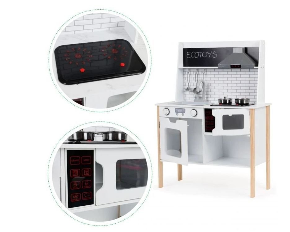 3. Close-up of Ecotoys play kitchen stovetop and control panel with sound and light features, alongside full kitchen view
