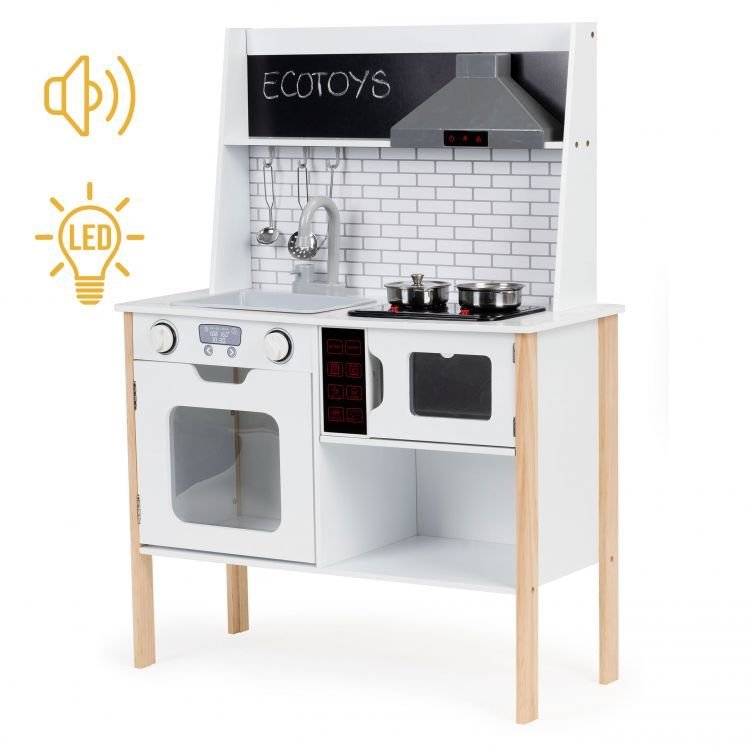 1. Ecotoys wooden play kitchen with sound and light features, including stovetop, oven, microwave, and hooks, shown in a white and natural wood finish