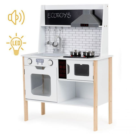 1. Ecotoys wooden play kitchen with sound and light features, including stovetop, oven, microwave, and hooks, shown in a white and natural wood finish