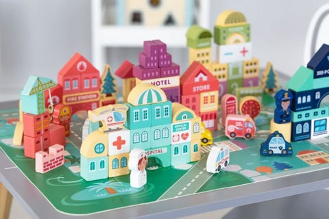 1. Colorful wooden cityscape with hospital, store, and police station on puzzle base, featuring vehicles and characters