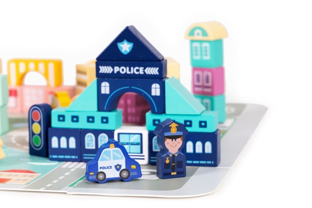 7. Wooden police station set with police car and officer on puzzle base