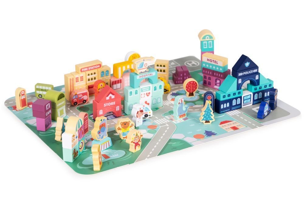 8. Complete wooden city set on puzzle base with various buildings and characters
