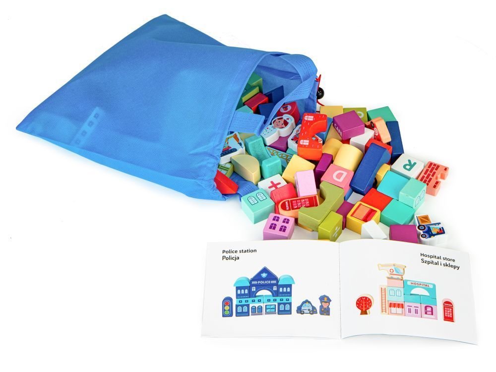 11. Blue bag with colorful wooden blocks and instruction guidebook