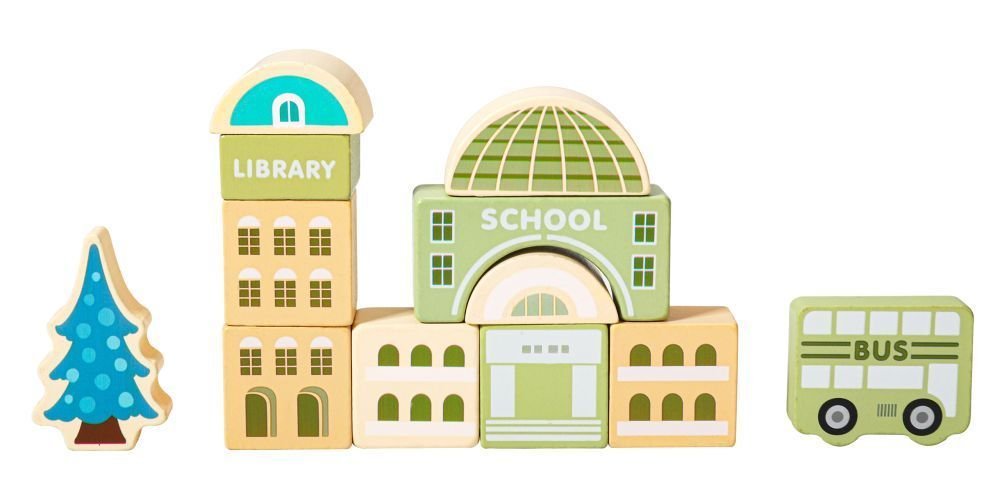 5. Wooden school and library blocks with bus and tree on white background