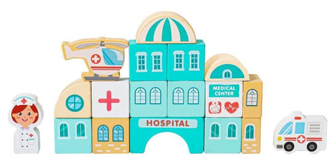 2. Wooden hospital building blocks with nurse, ambulance, and helicopter on white background
