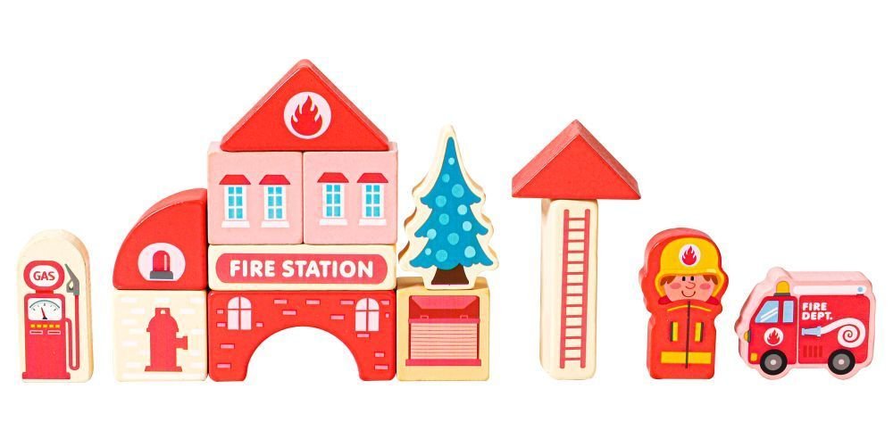 4. Wooden fire station set with fire truck, firefighter, and tree on white background