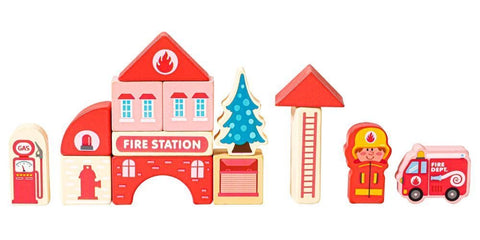 4. Wooden fire station set with fire truck, firefighter, and tree on white background