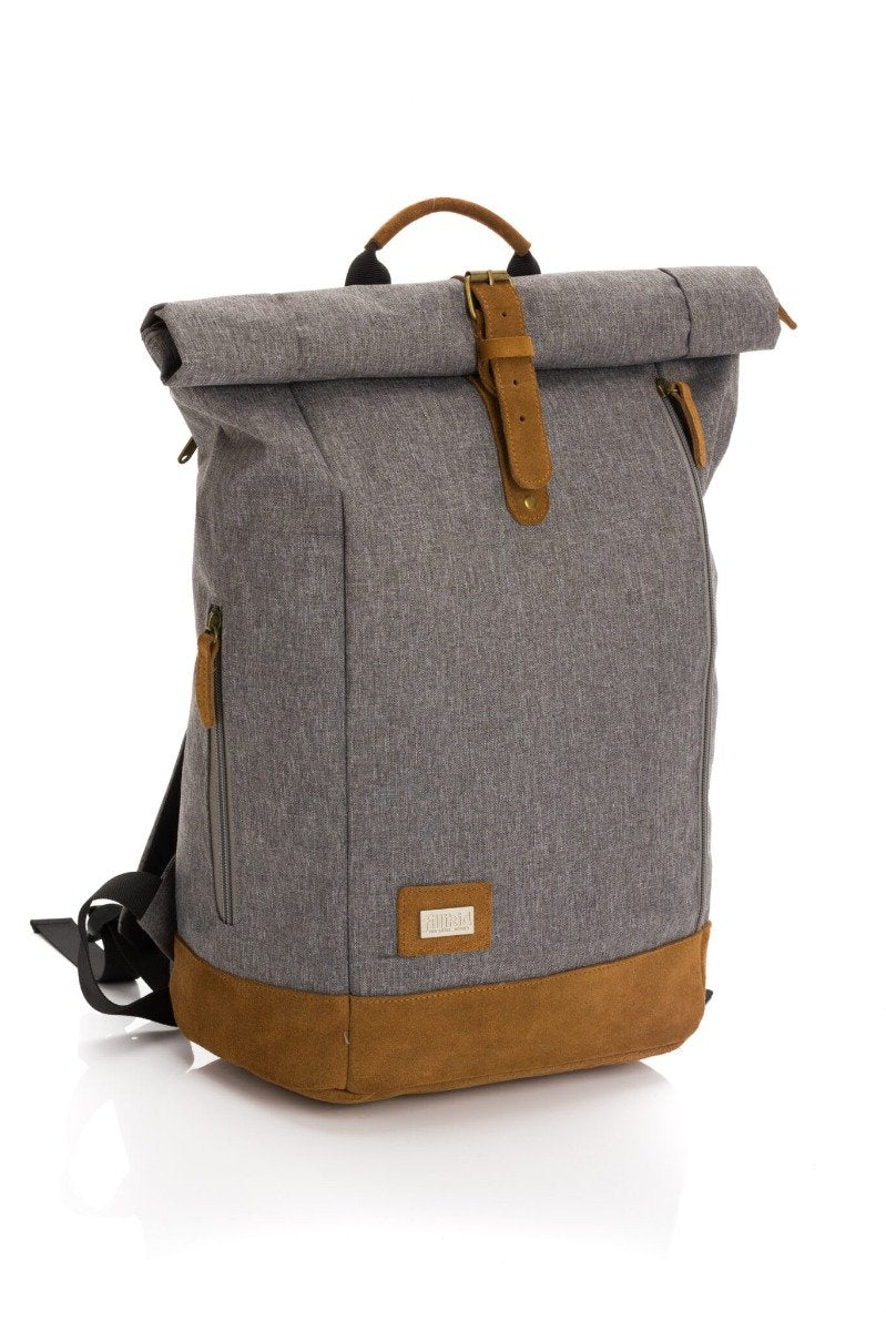 2. Fillikid grey diaper backpack with brown accents and roll-top design on white background