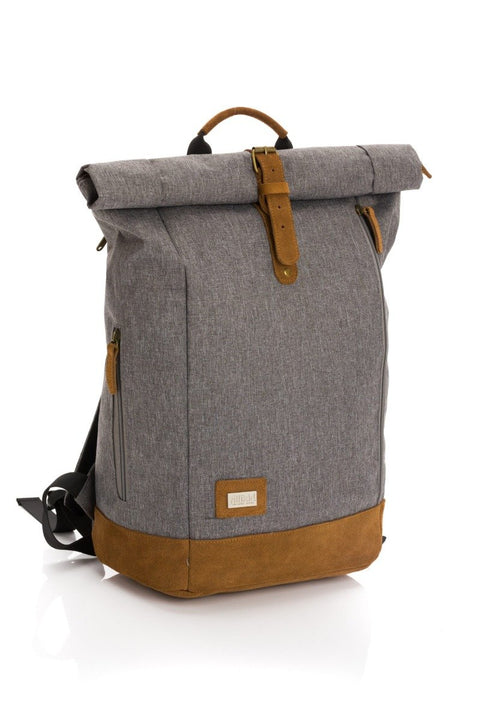 2. Fillikid grey diaper backpack with brown accents and roll-top design on white background