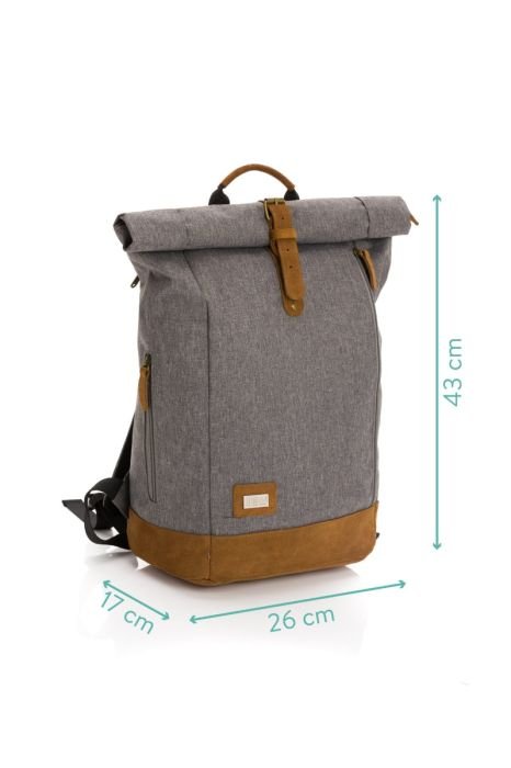 5. Size chart for Fillikid diaper backpack showing dimensions 43 cm by 26 cm by 17 cm