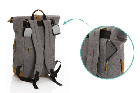 3. Back view of Fillikid grey diaper backpack showing ergonomic shoulder straps and hidden pocket