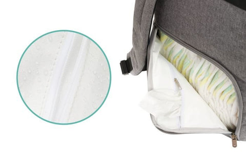 3. Close-up of Fillikid diaper backpack side pocket with zipper detail and diaper storage