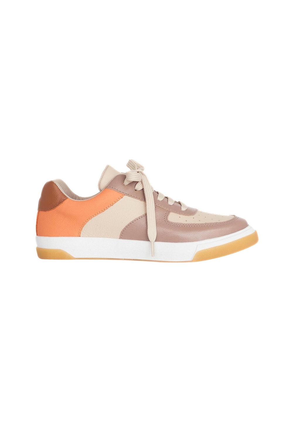 5. Women's Mangará Andira sneakers in beige, brown, and orange, shown in a studio setting