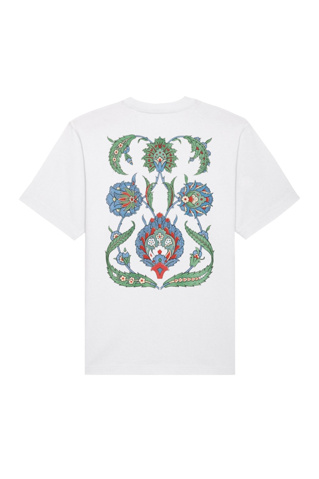 2. Studio image of Hopera's white t-shirt with 'La Decoration Arabe' print by Emile Prisse d'Avennes, highlighting intricate design