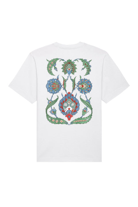 2. Studio image of Hopera's white t-shirt with 'La Decoration Arabe' print by Emile Prisse d'Avennes, highlighting intricate design
