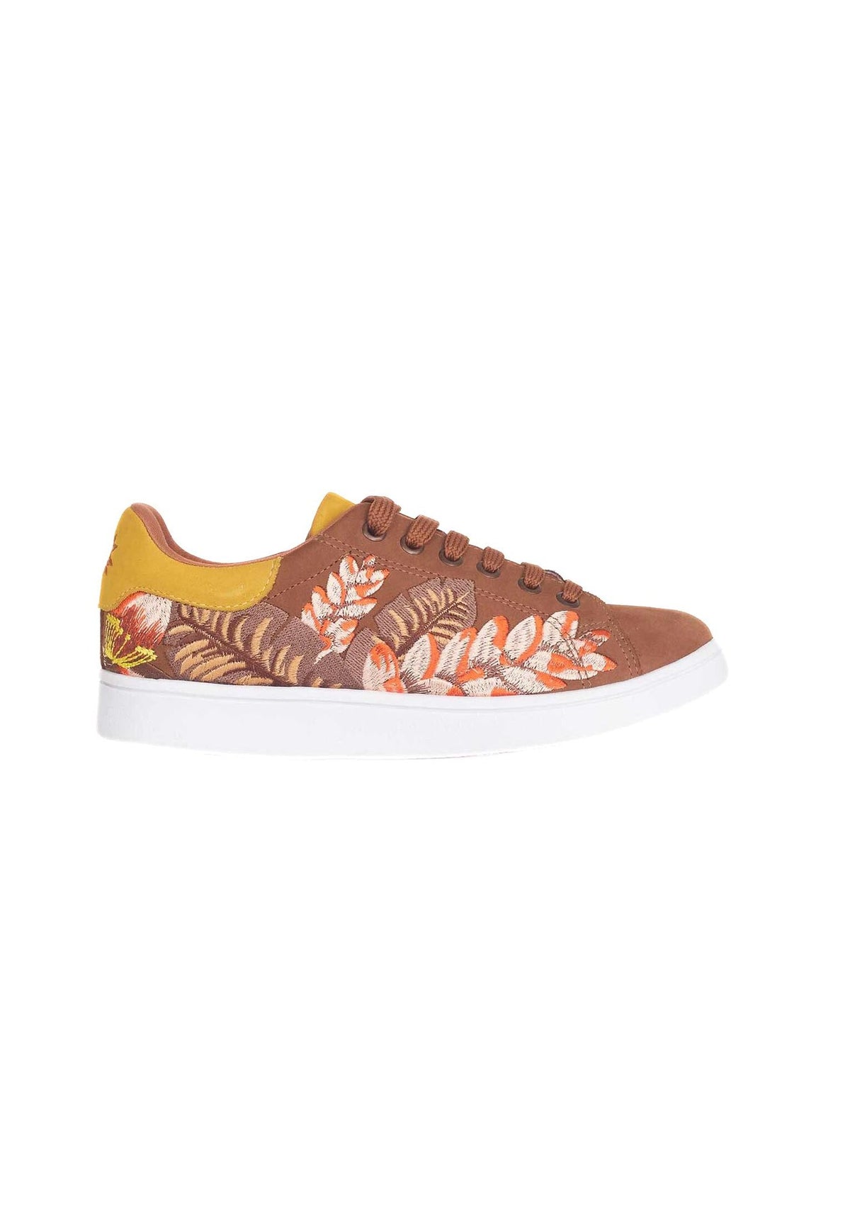 10. Studio shot of women's Mangará embroidery suede sneakers in brown, side view with floral embroidery