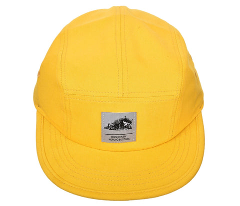 4. Front view of yellow Moomin by NordicBuddies five panel cap with logo, studio background