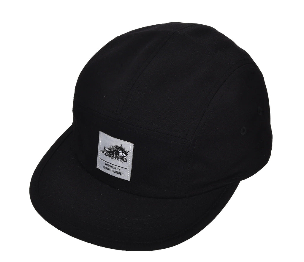 2. Black Stinky Five Panel Cap by Moomin, featuring front logo patch, studio shot