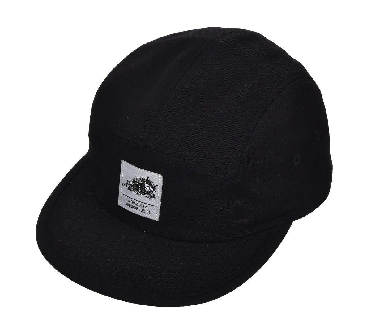 2. Black Stinky Five Panel Cap by Moomin, featuring front logo patch, studio shot