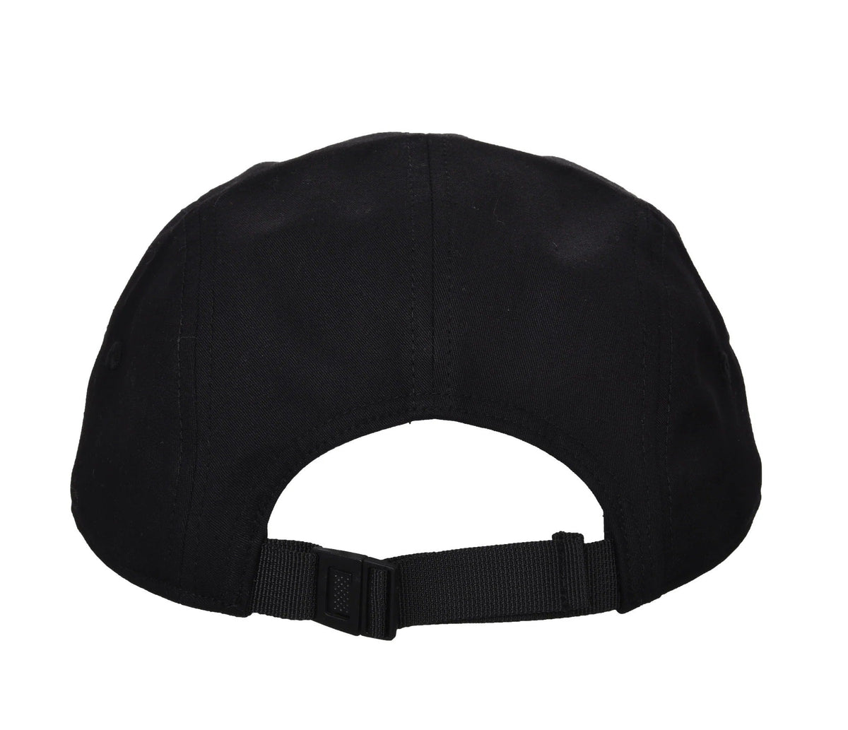 3. Back view of black Stinky Five Panel Cap by Moomin, showing adjustable strap