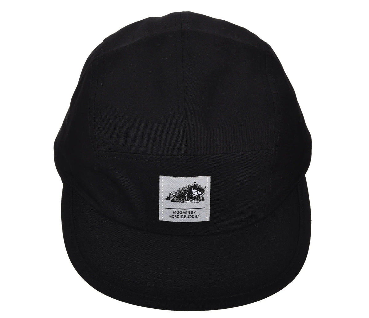 4. Front view of black Stinky Five Panel Cap by Moomin, highlighting logo patch