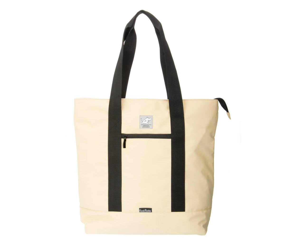 2. Beige Moomintroll shopping bag by NordicBuddies with black handles and front pocket, featuring Moomin logo patch, made of 100% polyester, shown in studio setting