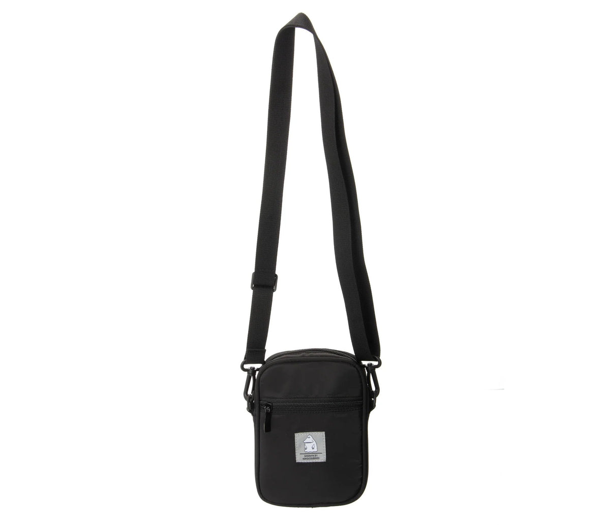 2. Full view of black Moomin by NordicBuddies Groke Neck Bag with long adjustable strap, studio setting
