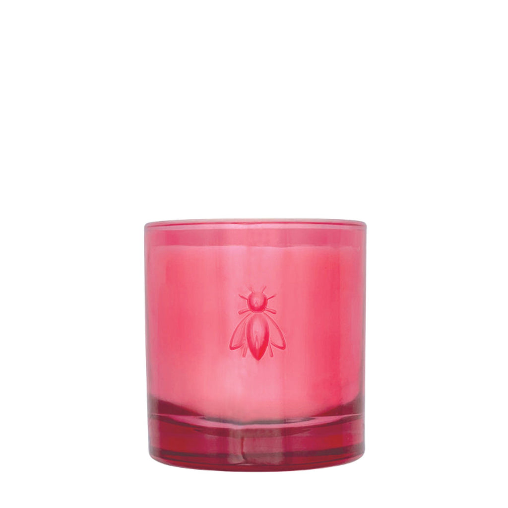 3. Studio shot of Cherry Blossom Bee Candle by La Rochère in pink glass with bee design, showcasing French craftsmanship