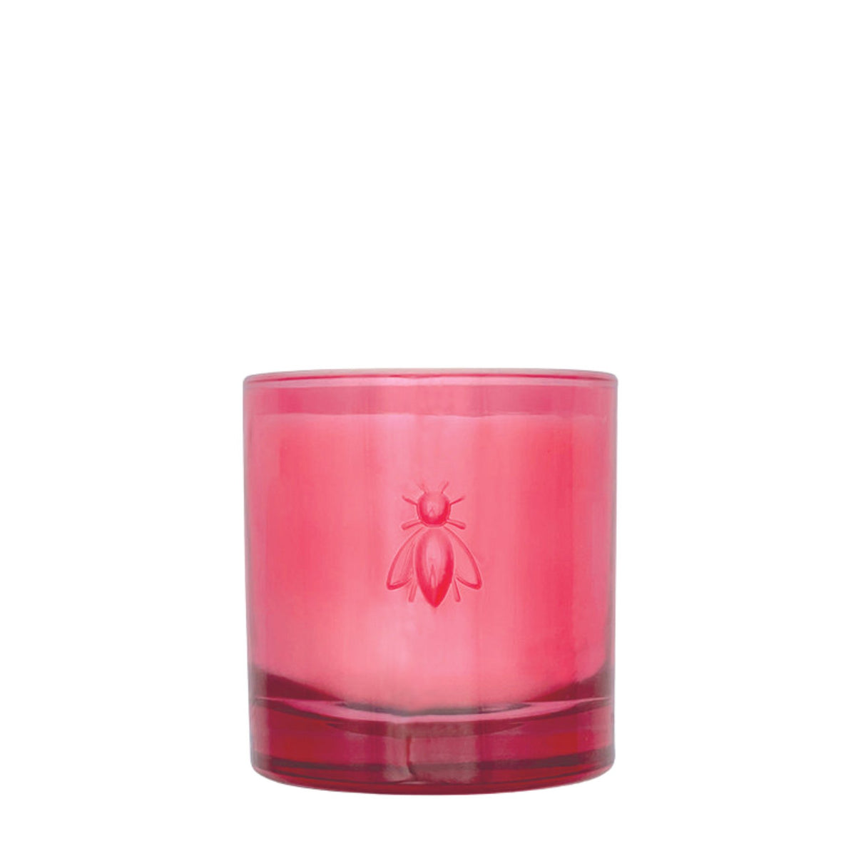 3. Studio shot of Cherry Blossom Bee Candle by La Rochère in pink glass with bee design, showcasing French craftsmanship