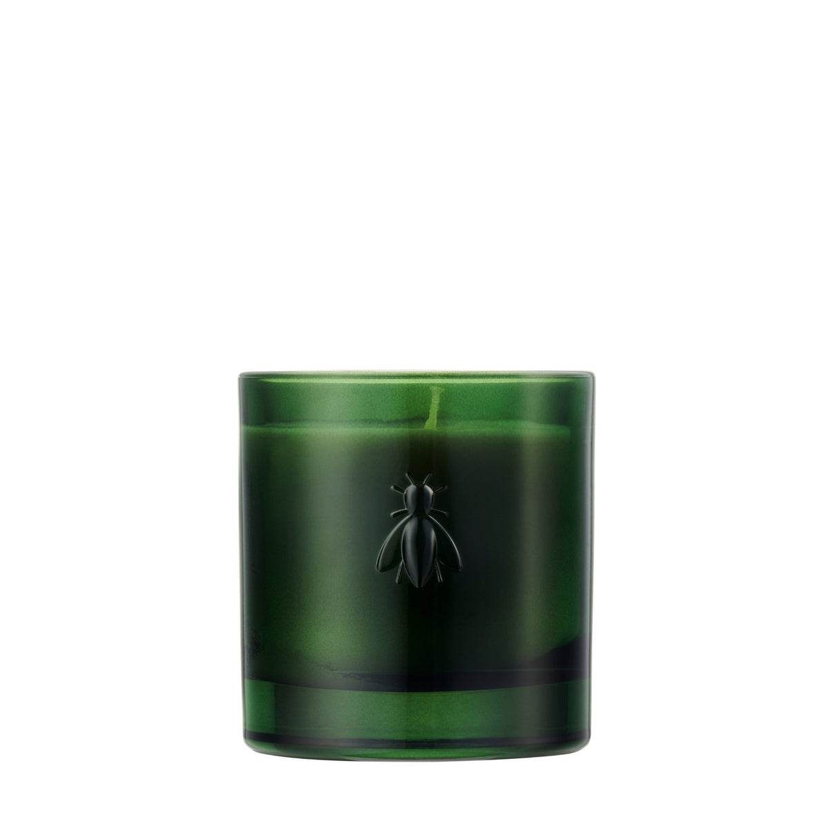 2. Studio shot of La Rochère Cedar Bee Candle in green reusable glass with bee design