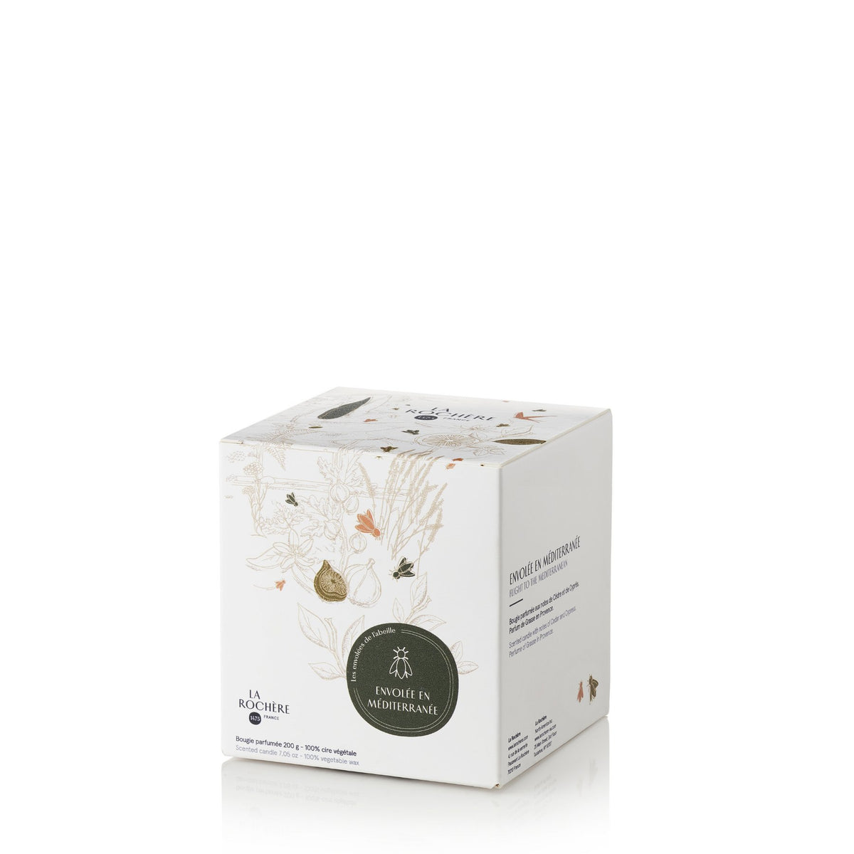 3. Packaging of La Rochère Cedar Bee Candle featuring botanical illustrations and branding