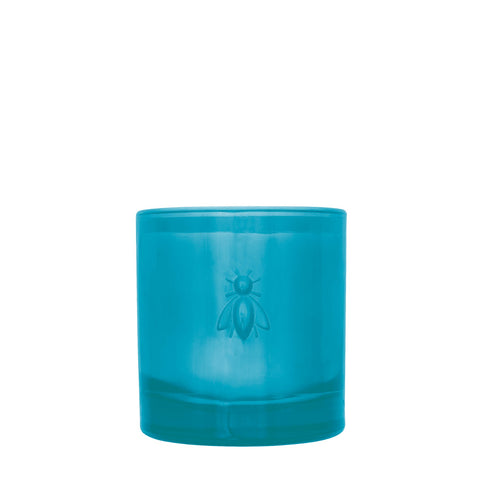 1. La Rochère Jasmine Bee Candle in blue reusable glass, featuring embossed bee design, studio shot