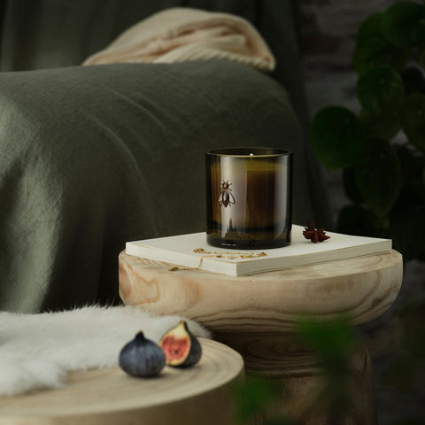 1. La Rochère Fig Bee Candle in lifestyle setting, showcasing elegant French design with Provencal bee emblem
