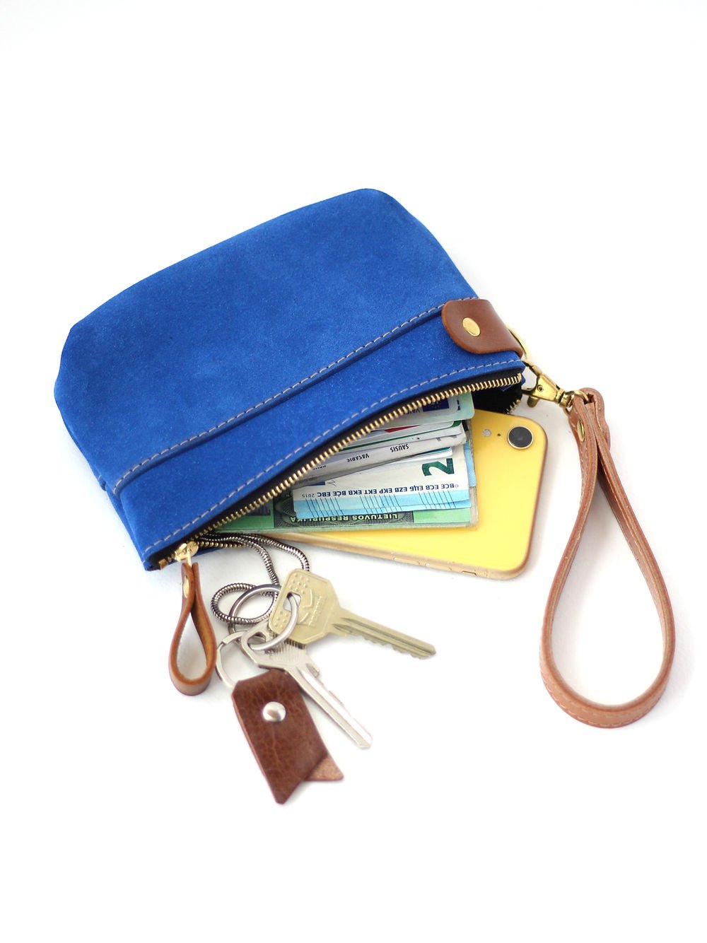 4. Blue suede POUCH wallet by TOKS VISOKS, displaying multi-purpose use with keys, phone, and cards