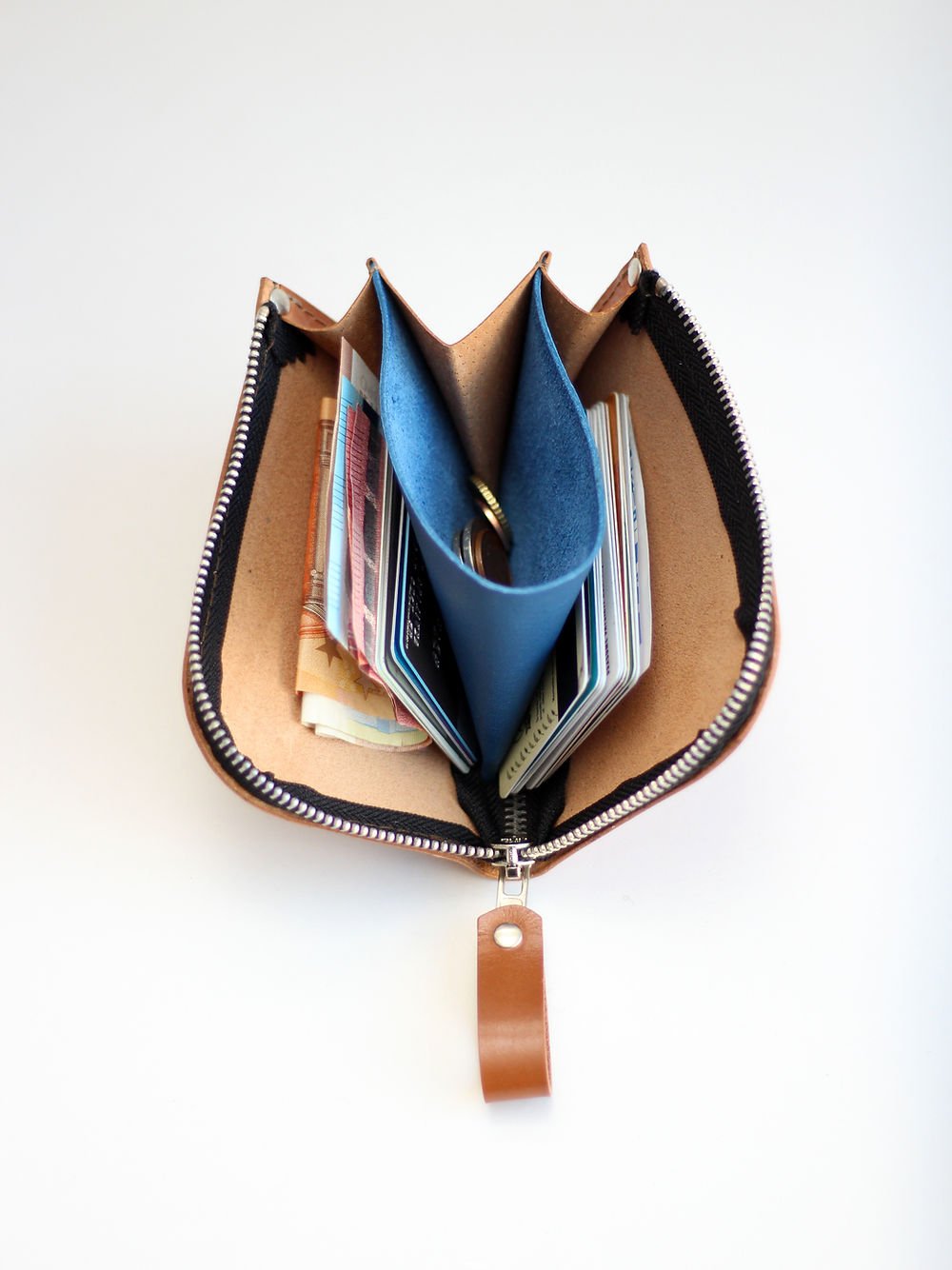 4. Open view of caramel WEDNESDAY Wallet by TOKS VISOKS, showing organization for cards and coins