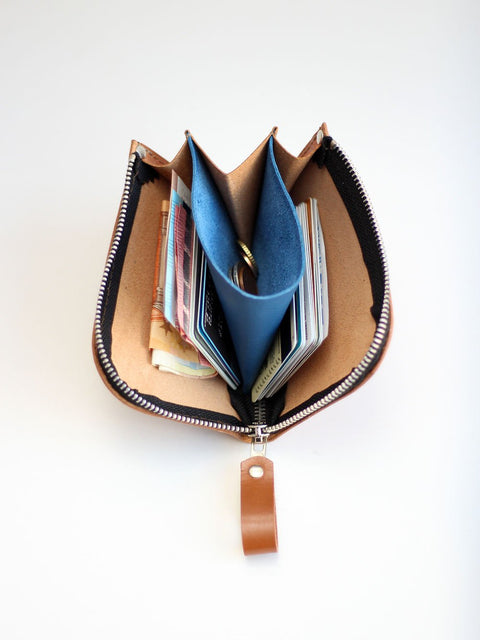 4. Open view of caramel WEDNESDAY Wallet by TOKS VISOKS, showing organization for cards and coins