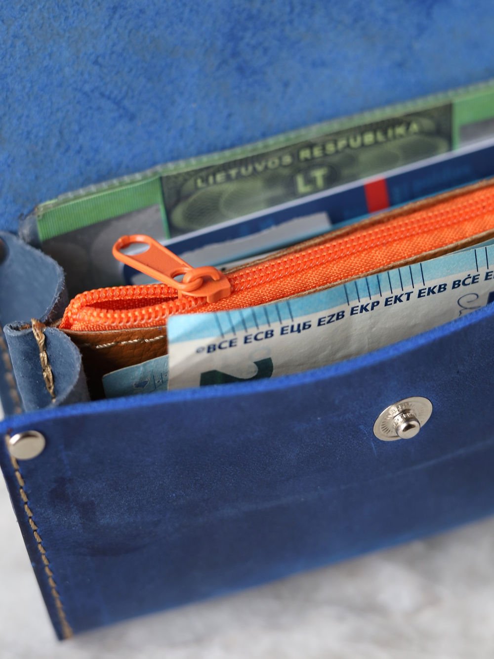 7. Close-up of blue TOKS VISOKS FRIDAY Wallet interior, featuring orange zippered coin pocket and card slots