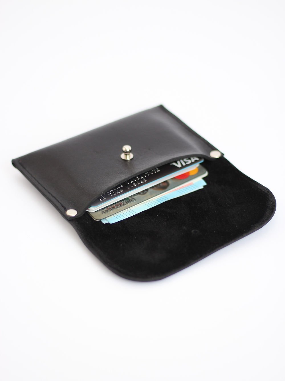 2. Black recycled leather WEEKEND Wallet by TOKS VISOKS displayed open with cards, angled view