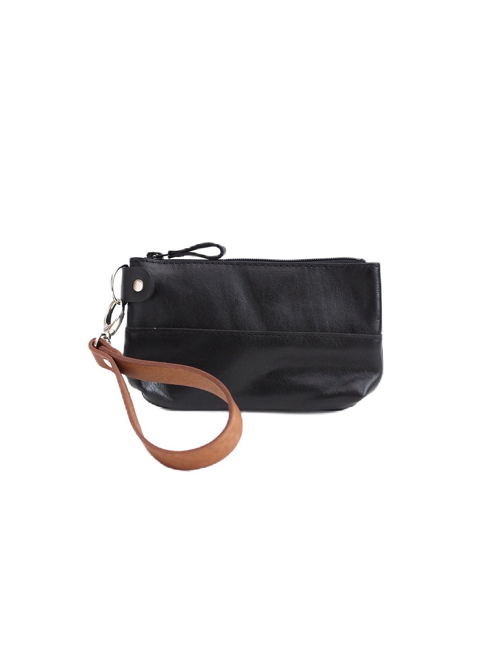 1. TOKS VISOKS black POUCH wallet with brown wrist strap, handmade from recycled leather, shown in studio