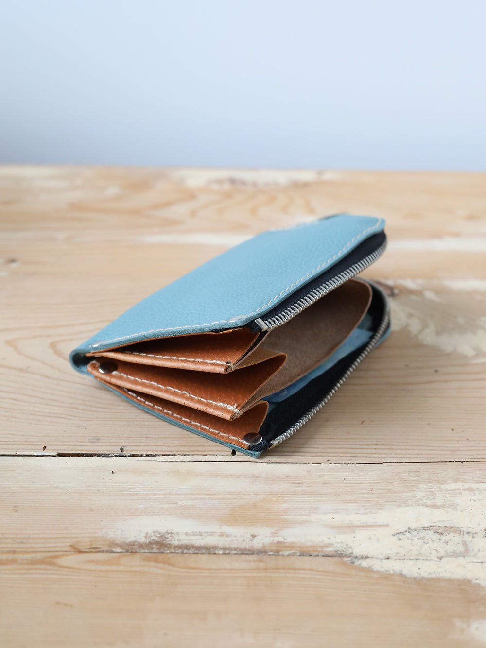 1. Close-up of TOKS VISOKS WEDNESDAY Wallet in turquoise, showing compact design and zipper detail