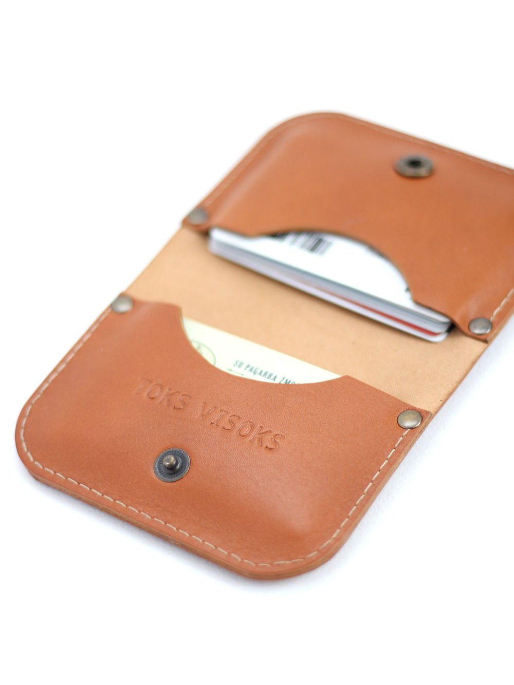 1. Open SUNDAY Wallet in caramel by TOKS VISOKS, showing card slots and embossed logo