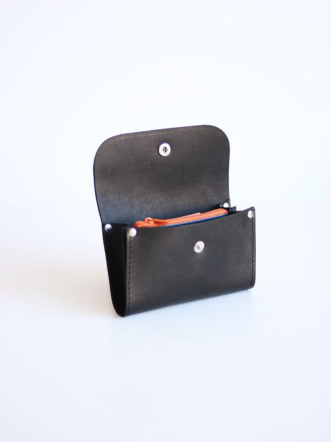 5. Side view of open black FRIDAY Wallet by TOKS VISOKS showing interior compartments and orange zippered pocket