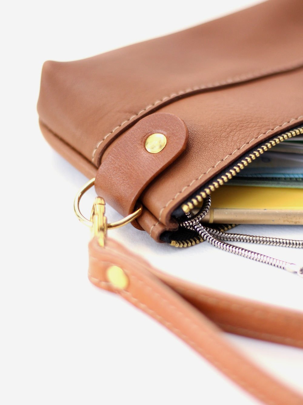 5. Detail of TOKS VISOKS camel brown leather POUCH Wallet showing zipper and wrist strap attachment