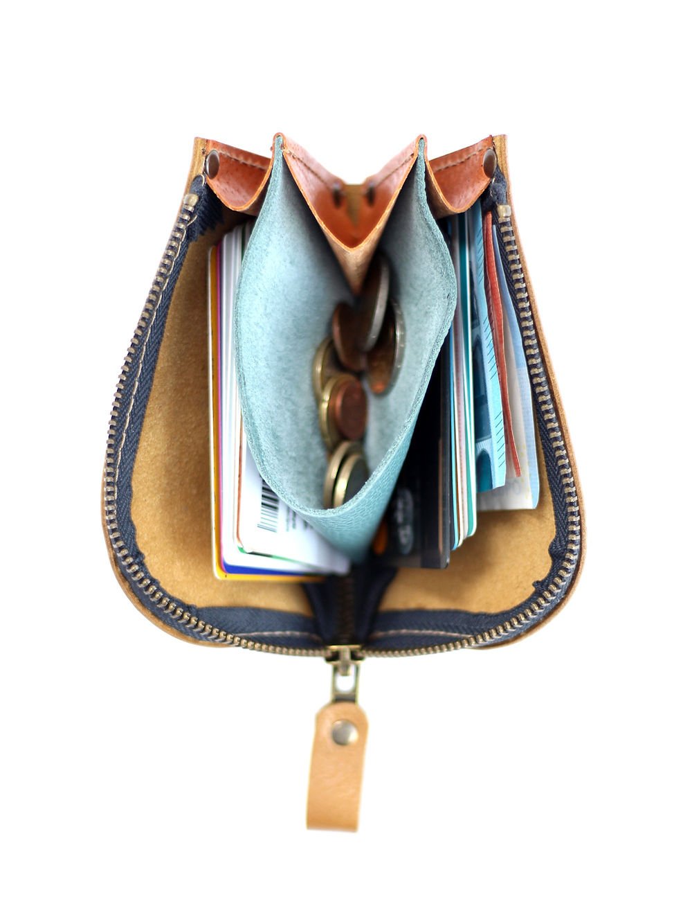 1. Open view of TOKS VISOKS WEDNESDAY Wallet in mustard, showing card slots and coin compartment