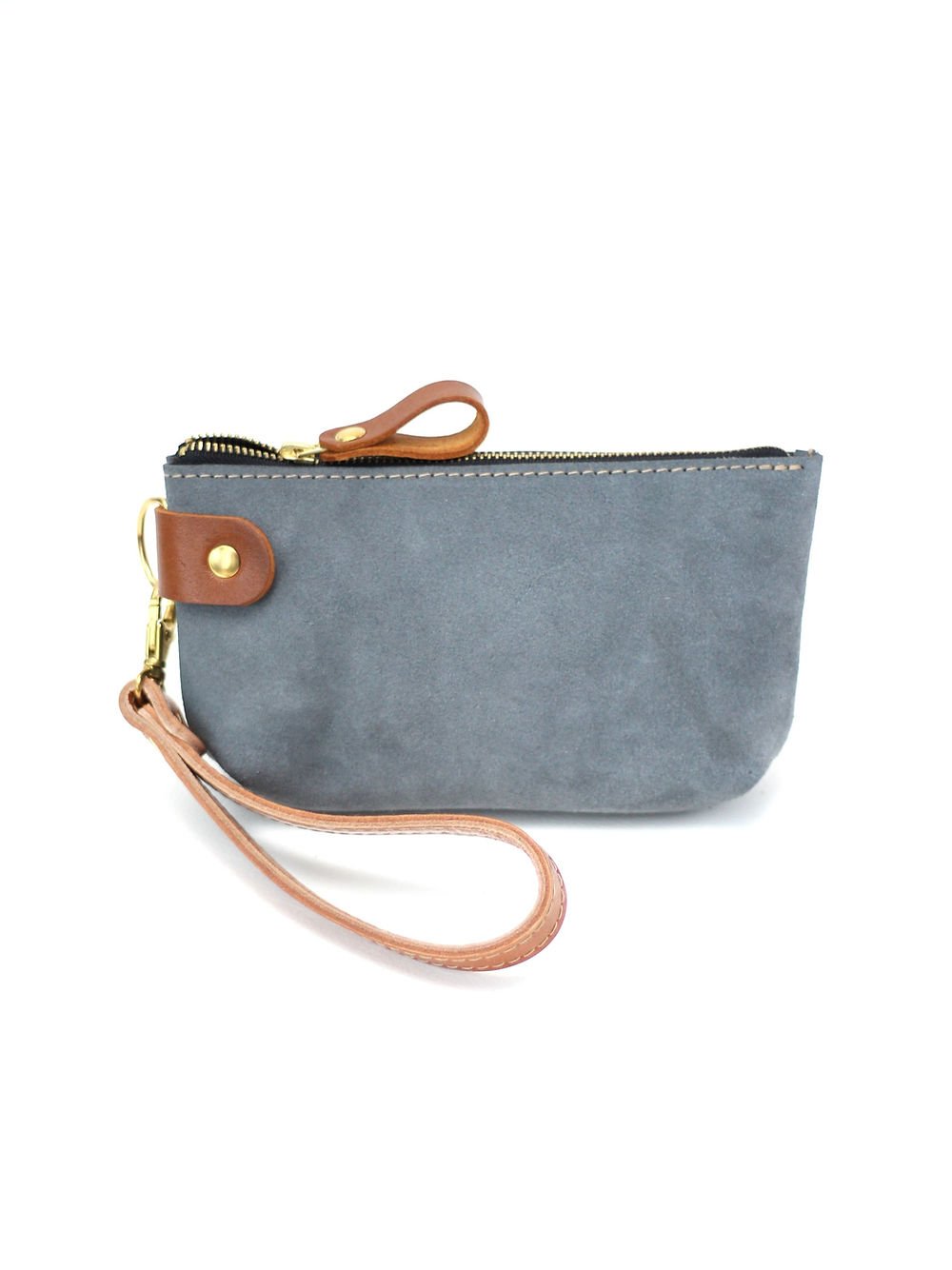 1. TOKS VISOKS grey suede POUCH wallet with removable wrist strap and secure zipper closure, shown in studio