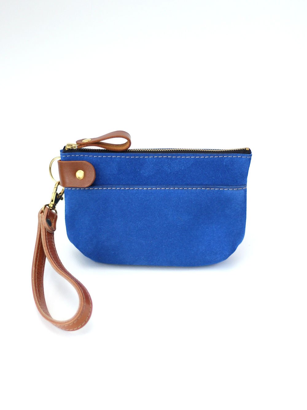 3. Studio image of TOKS VISOKS blue suede POUCH wallet with brown leather wrist strap and secure zipper