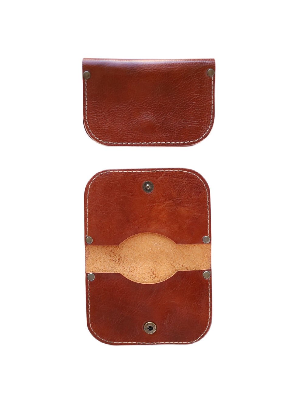 1. Studio shot of SUNDAY Wallet in Shiny Ginger by TOKS VISOKS, showing open and closed views, made from recycled leather