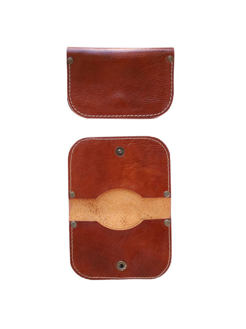 1. Studio shot of SUNDAY Wallet in Shiny Ginger by TOKS VISOKS, showing open and closed views, made from recycled leather