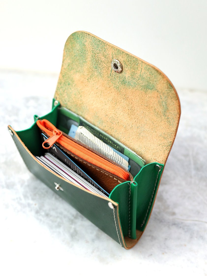 4. Open FRIDAY Wallet in green, displaying spacious interior with card and coin compartments
