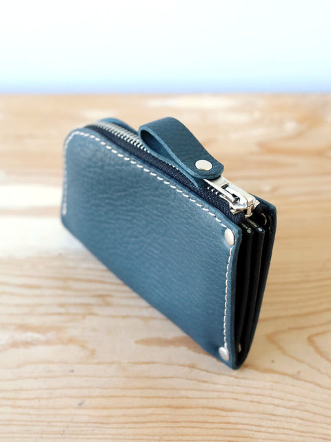2. Side view of blue WEDNESDAY Wallet by TOKS VISOKS highlighting zipper and stitching